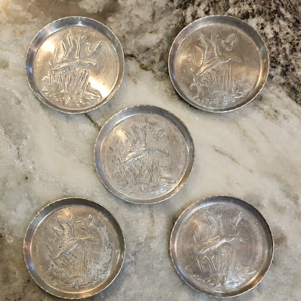 Set of 5 Vintage Aluminum Bird Engraved Coasters